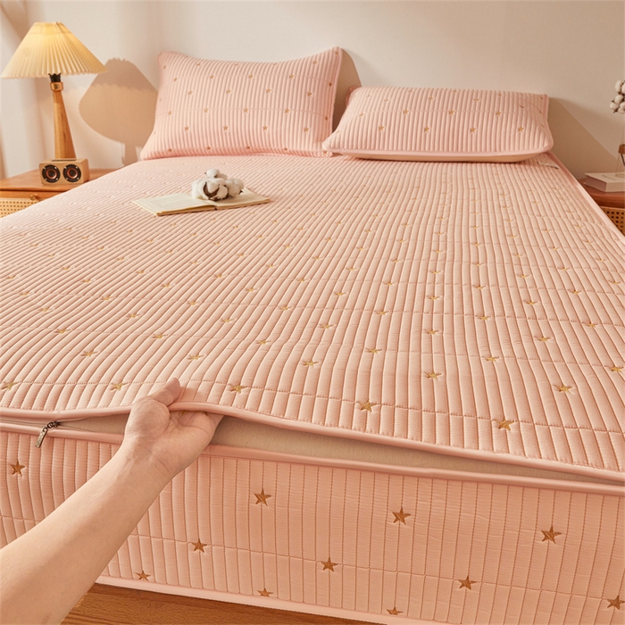 91家纺网 家纺一手货源 找家纺 伊人坊 2025新款A类水洗棉六面全包棉花夹棉床笠 五星粉