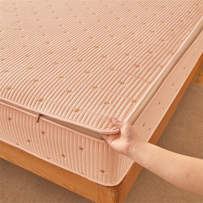 91家纺网 家纺一手货源 找家纺 伊人坊 2025新款A类水洗棉六面全包棉花夹棉床笠 五星粉