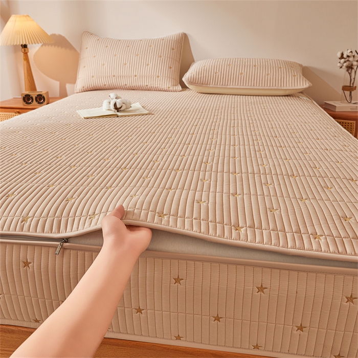 91家纺网 家纺一手货源 找家纺 伊人坊 2025新款A类水洗棉六面全包棉花夹棉床笠 五星咖色