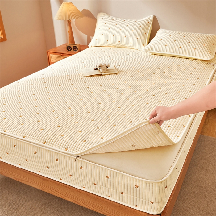 91家纺网 家纺一手货源 找家纺 伊人坊 2025新款A类水洗棉六面全包棉花夹棉床笠 五星米白