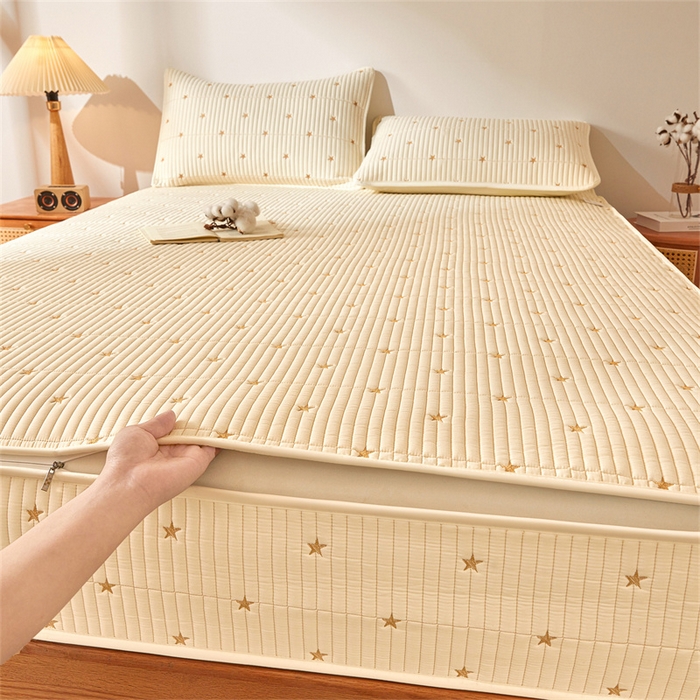 91家纺网 家纺一手货源 找家纺 伊人坊 2025新款A类水洗棉六面全包棉花夹棉床笠 五星米白