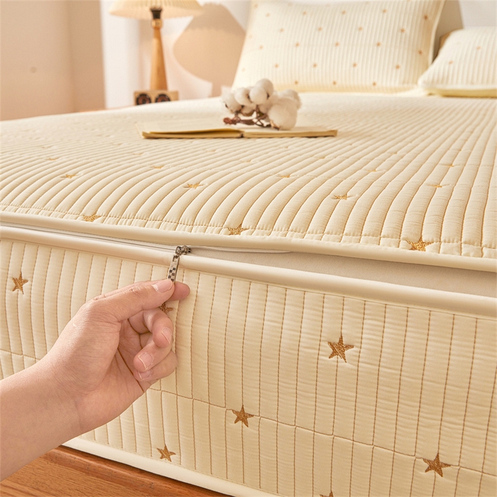 91家纺网 家纺一手货源 找家纺 伊人坊 2025新款A类水洗棉六面全包棉花夹棉床笠 五星米白