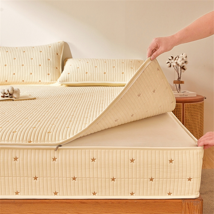 91家纺网 家纺一手货源 找家纺 伊人坊 2025新款A类水洗棉六面全包棉花夹棉床笠 五星米白