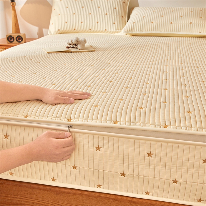 伊人坊 2025新款A类水洗棉六面全包棉花夹棉床笠 五星米白