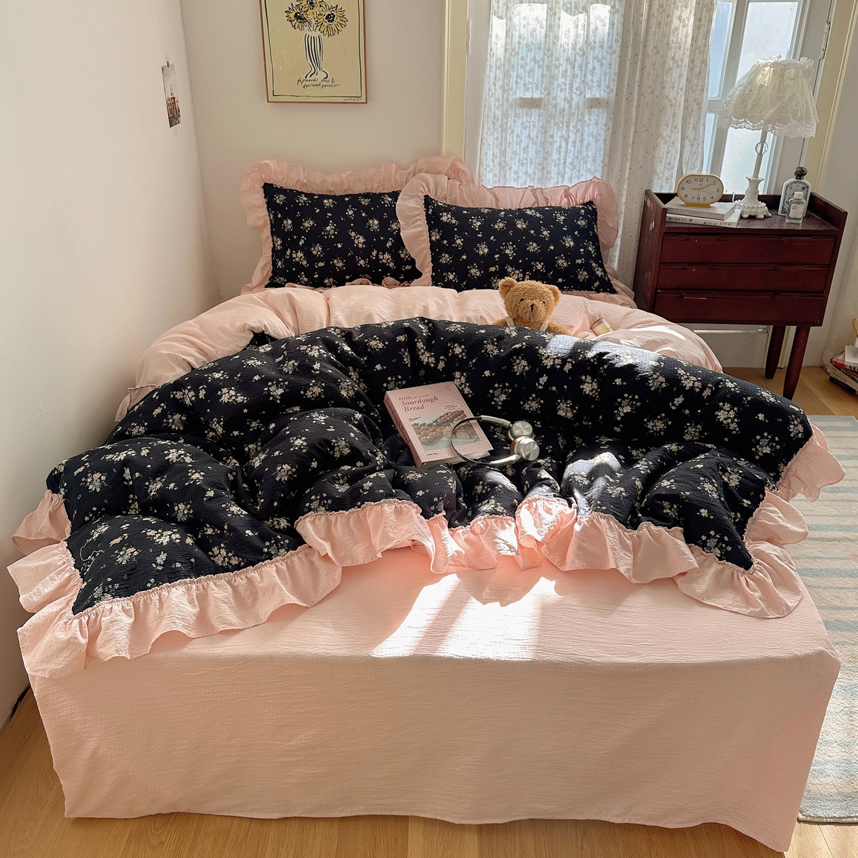 91家纺网 家纺一手货源 找家纺 （总）美乐迪家纺 2026新款法式云感双层纱花边四件套