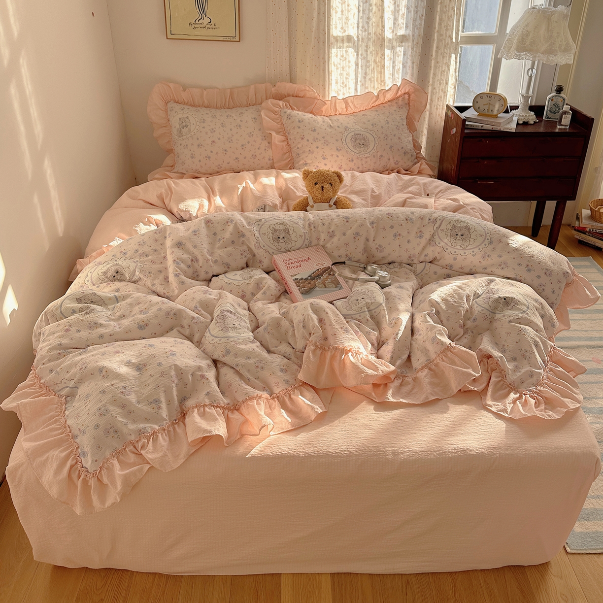 91家纺网 家纺一手货源 找家纺 （总）美乐迪家纺 2026新款法式云感双层纱花边四件套