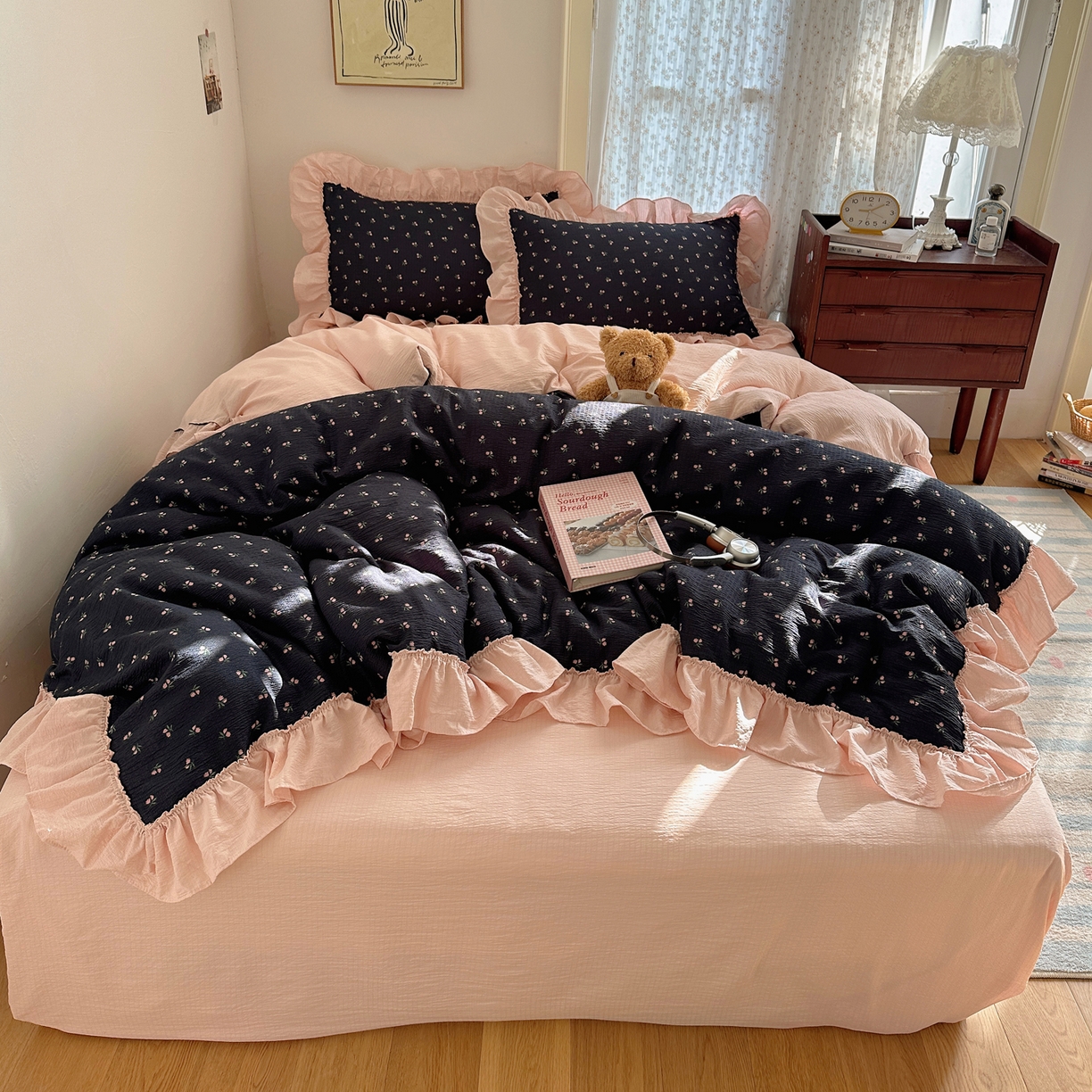 91家纺网 家纺一手货源 找家纺 （总）美乐迪家纺 2026新款法式云感双层纱花边四件套