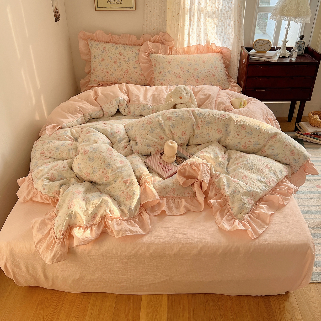 91家纺网 家纺一手货源 找家纺 （总）美乐迪家纺 2026新款法式云感双层纱花边四件套