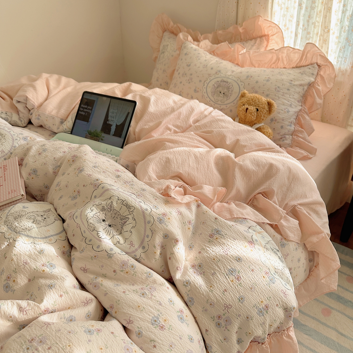 91家纺网 家纺一手货源 找家纺 （总）美乐迪家纺 2026新款法式云感双层纱花边四件套