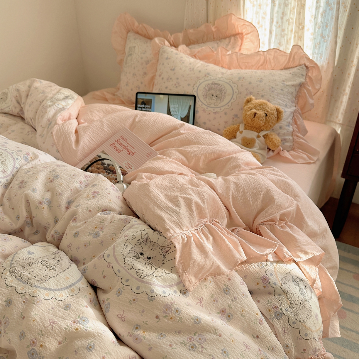 91家纺网 家纺一手货源 找家纺 （总）美乐迪家纺 2026新款法式云感双层纱花边四件套