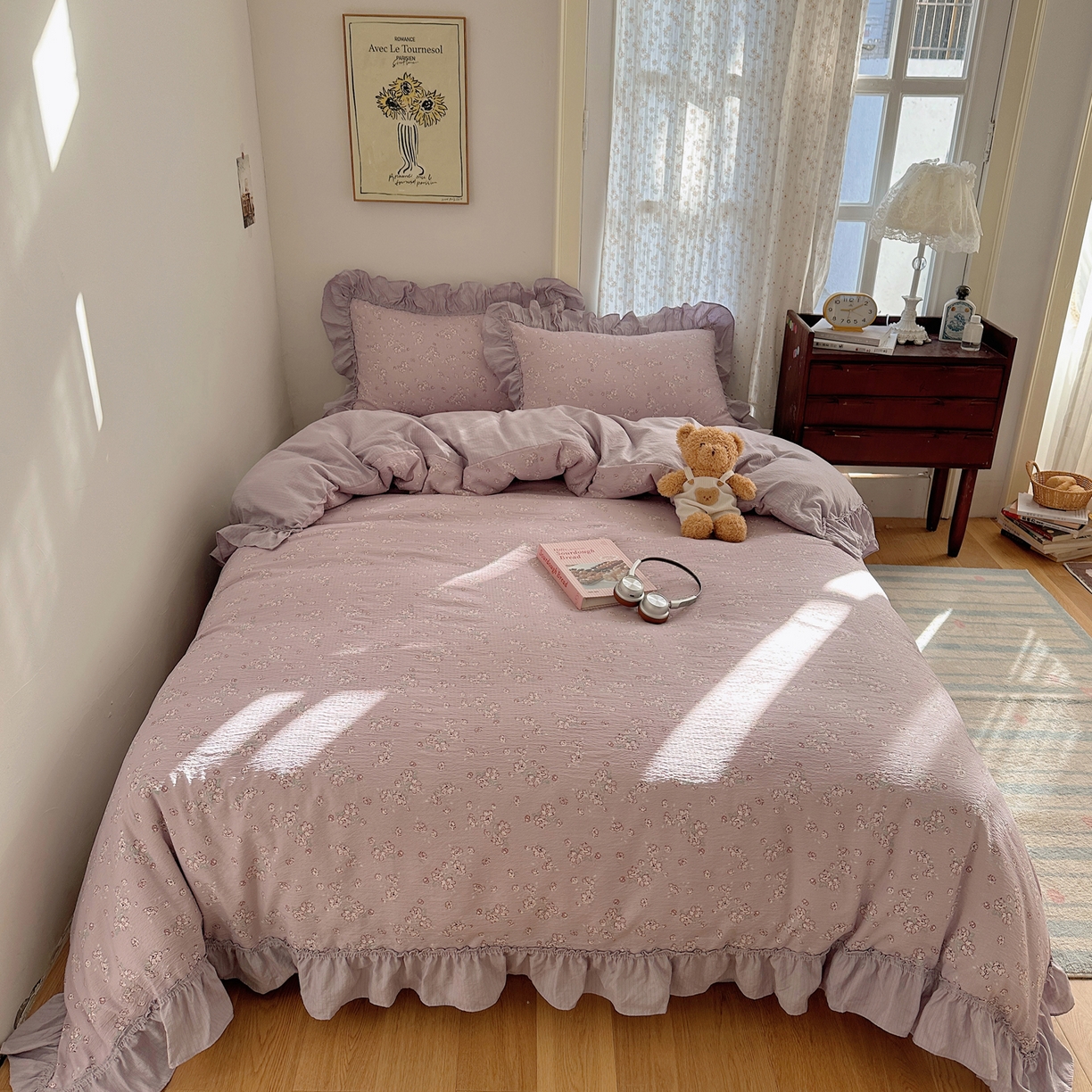 91家纺网 家纺一手货源 找家纺 美乐迪家纺 2026新款法式云感双层纱花边四件套 花梦紫