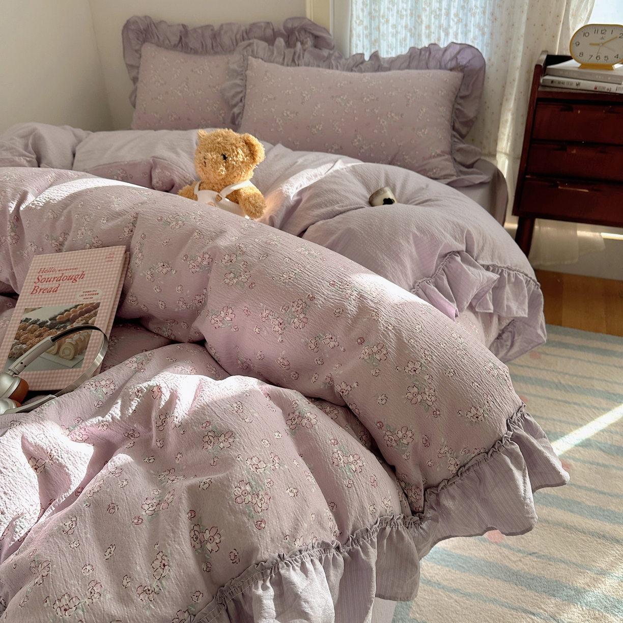 91家纺网 家纺一手货源 找家纺 美乐迪家纺 2026新款法式云感双层纱花边四件套 花梦紫