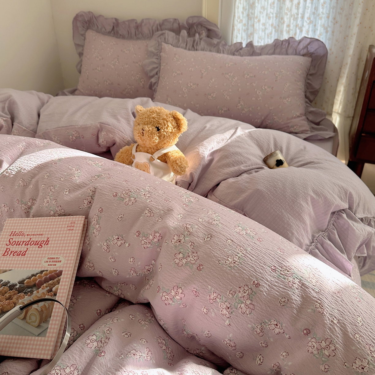 91家纺网 家纺一手货源 找家纺 美乐迪家纺 2026新款法式云感双层纱花边四件套 花梦紫