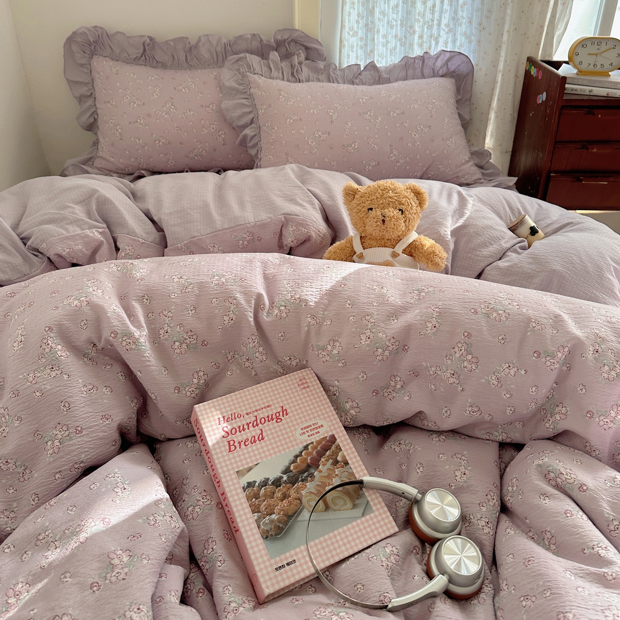 91家纺网 家纺一手货源 找家纺 美乐迪家纺 2026新款法式云感双层纱花边四件套 花梦紫