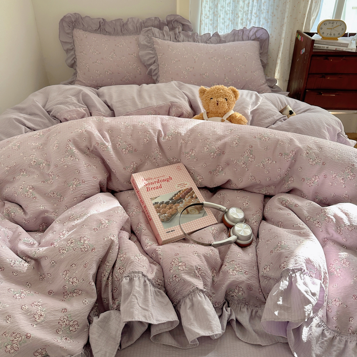 91家纺网 家纺一手货源 找家纺 美乐迪家纺 2026新款法式云感双层纱花边四件套 花梦紫