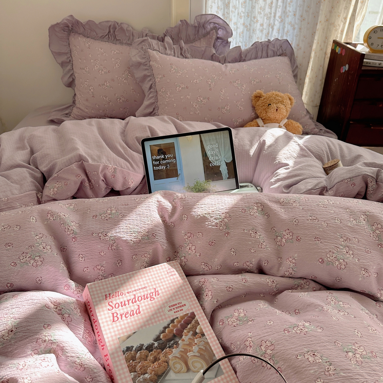 91家纺网 家纺一手货源 找家纺 美乐迪家纺 2026新款法式云感双层纱花边四件套 花梦紫