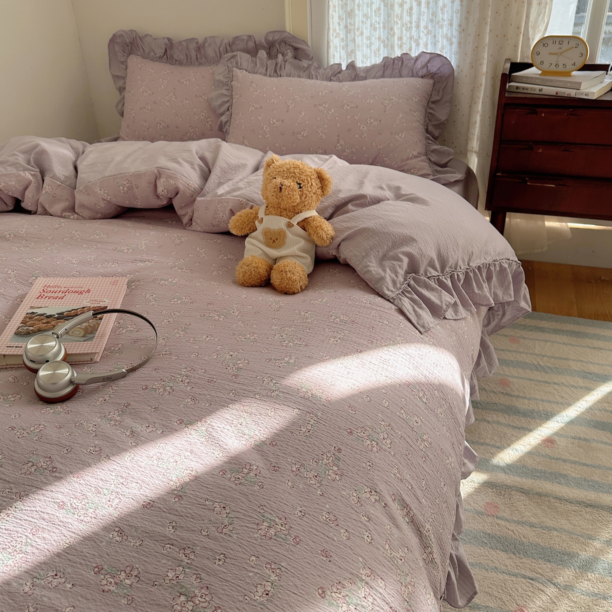 91家纺网 家纺一手货源 找家纺 美乐迪家纺 2026新款法式云感双层纱花边四件套 花梦紫