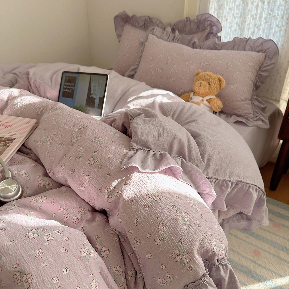 91家纺网 家纺一手货源 找家纺 美乐迪家纺 2026新款法式云感双层纱花边四件套 花梦紫