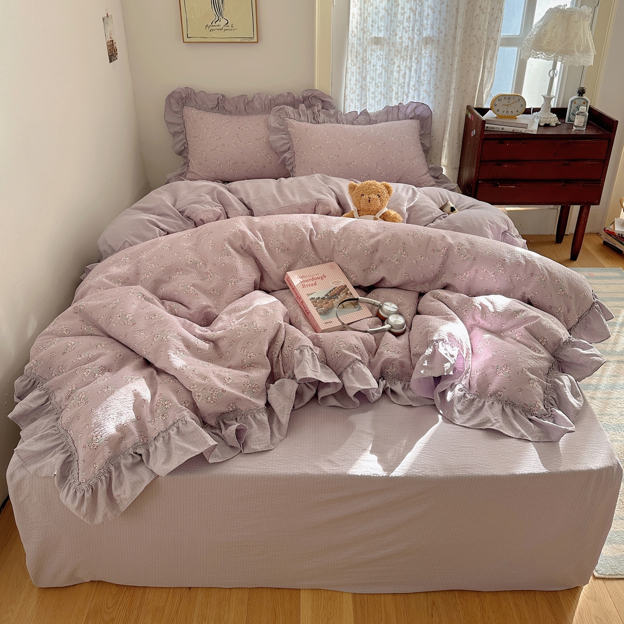 美乐迪家纺 2026新款法式云感双层纱花边四件套 花梦紫