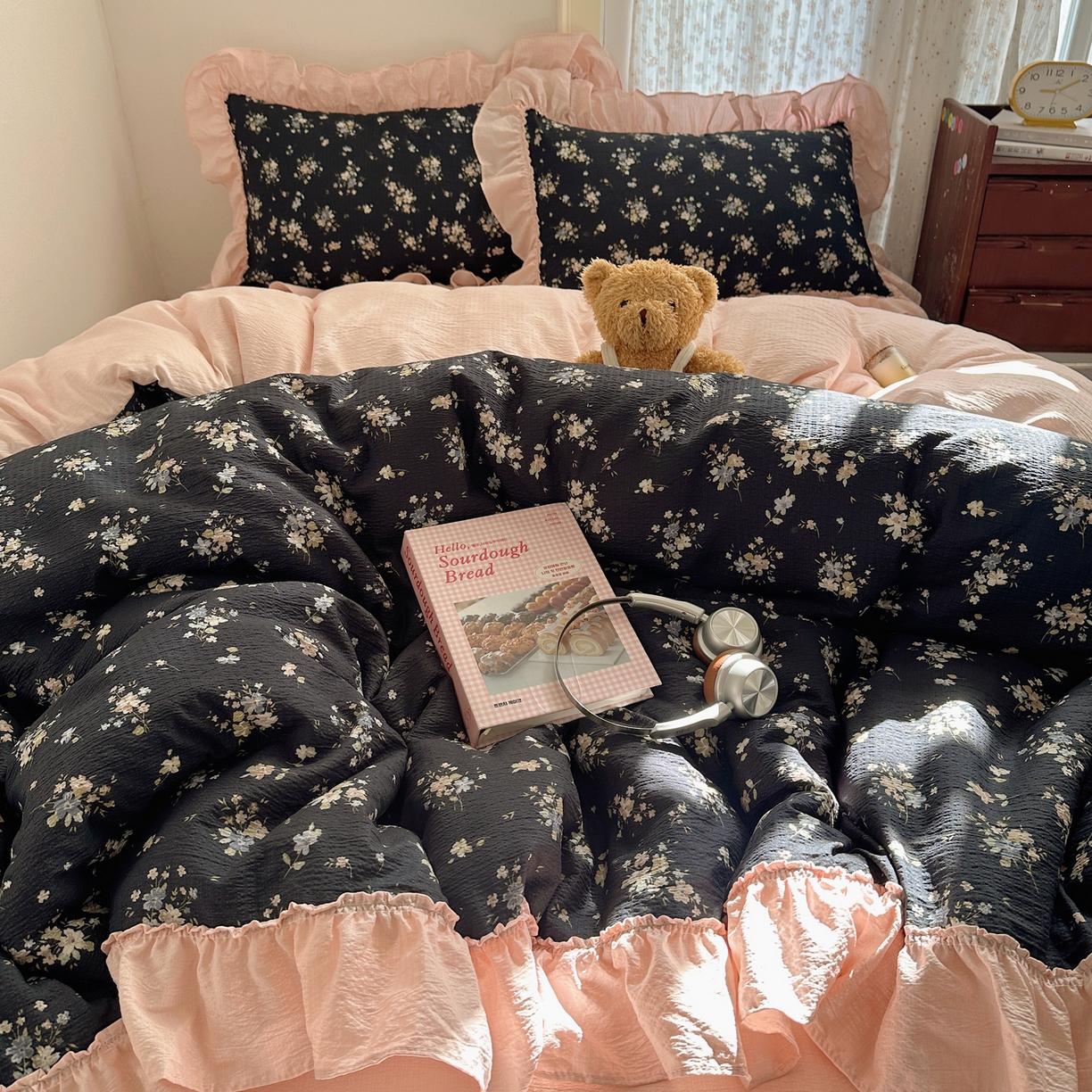 91家纺网 家纺一手货源 找家纺 美乐迪家纺 2026新款法式云感双层纱花边四件套 花仙子