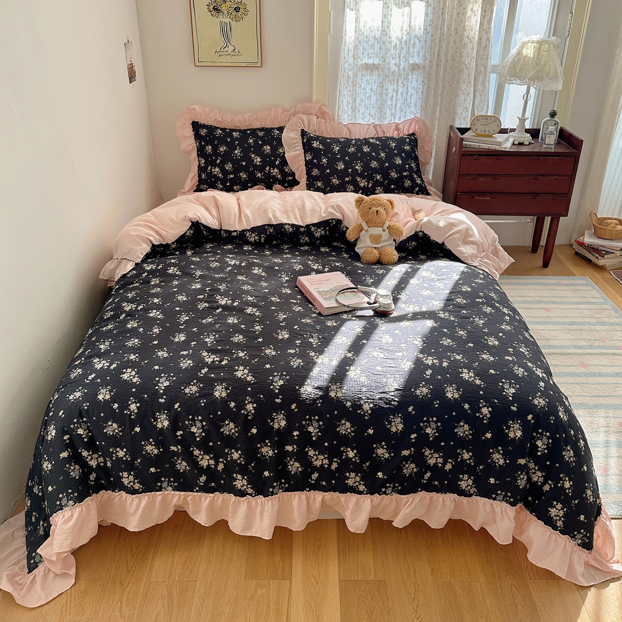 91家纺网 家纺一手货源 找家纺 美乐迪家纺 2026新款法式云感双层纱花边四件套 花仙子