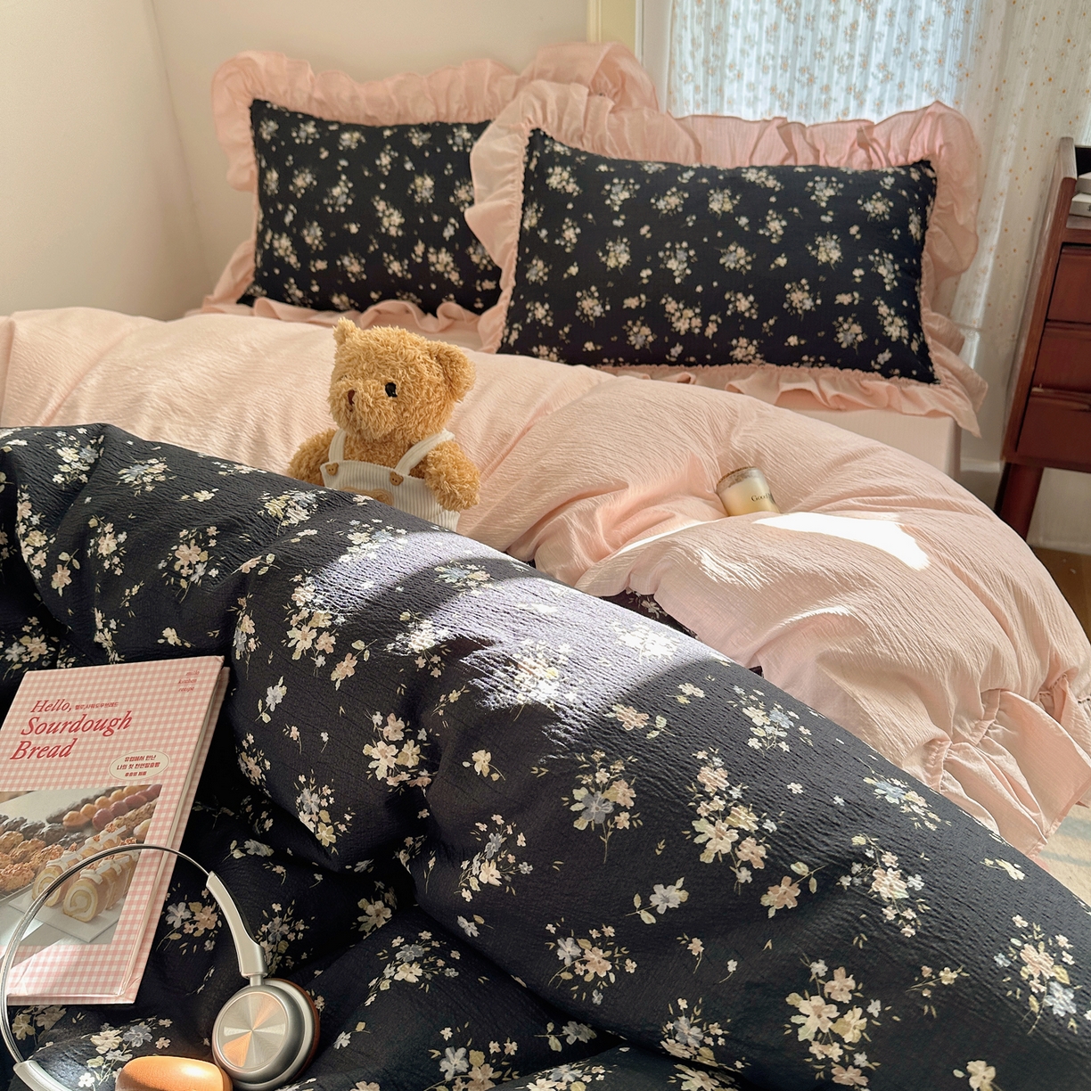 91家纺网 家纺一手货源 找家纺 美乐迪家纺 2026新款法式云感双层纱花边四件套 花仙子