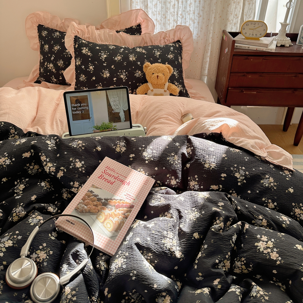 91家纺网 家纺一手货源 找家纺 美乐迪家纺 2026新款法式云感双层纱花边四件套 花仙子