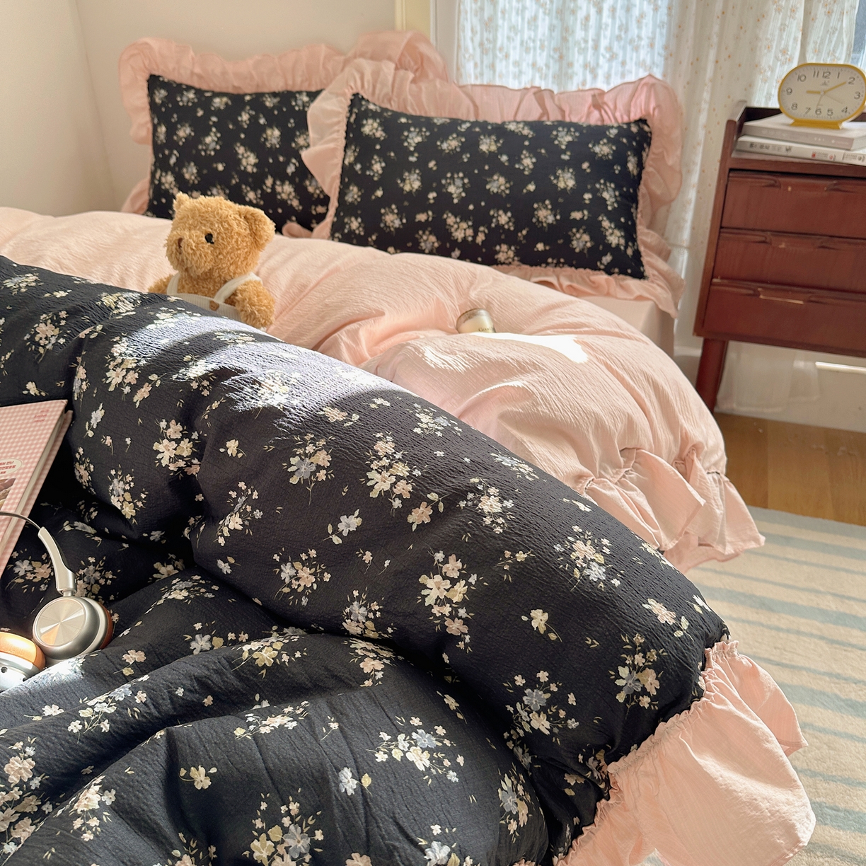 91家纺网 家纺一手货源 找家纺 美乐迪家纺 2026新款法式云感双层纱花边四件套 花仙子