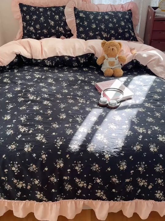 91家纺网 家纺一手货源 找家纺 美乐迪家纺 2026新款法式云感双层纱花边四件套 花仙子