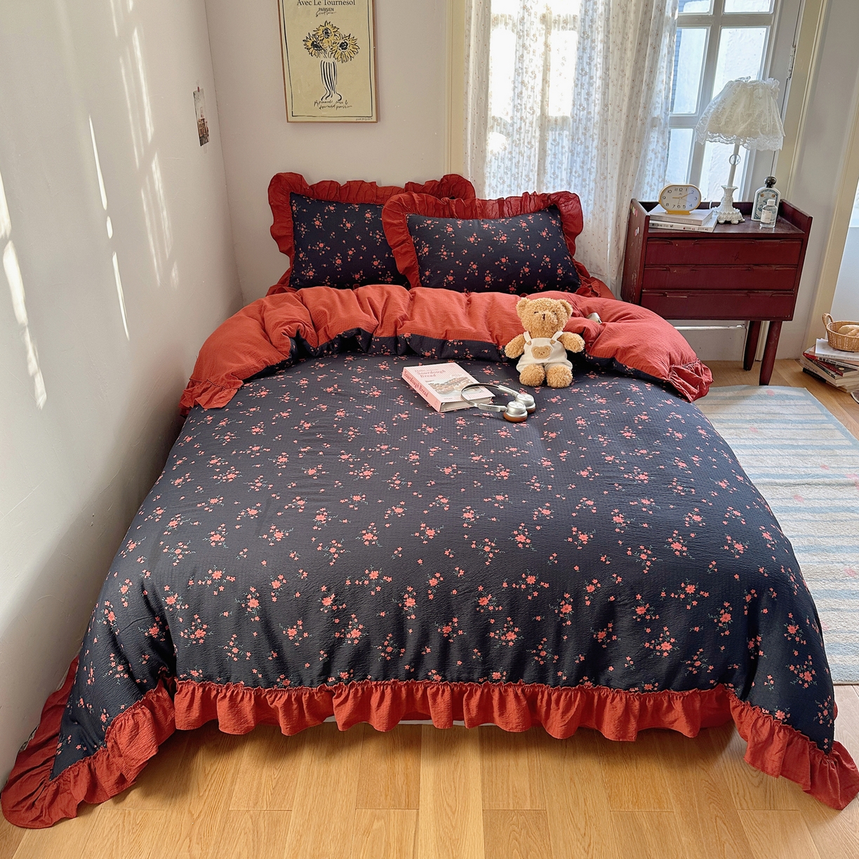 91家纺网 家纺一手货源 找家纺 美乐迪家纺 2026新款法式云感双层纱花边四件套 浪漫小花