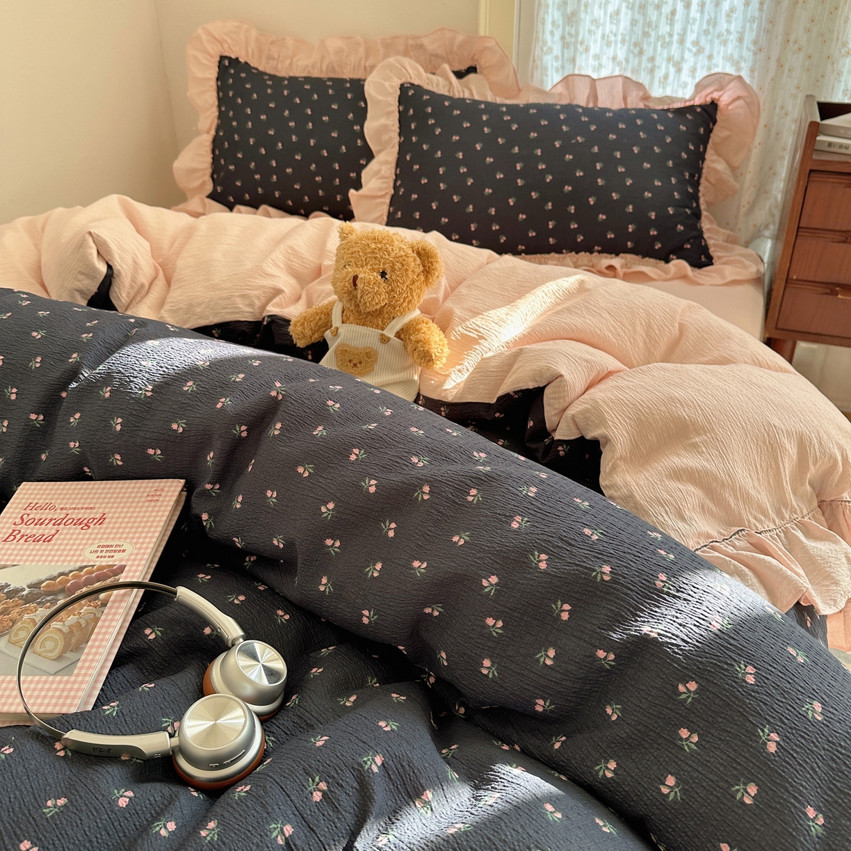 91家纺网 家纺一手货源 找家纺 美乐迪家纺 2026新款法式云感双层纱花边四件套 迷你小花