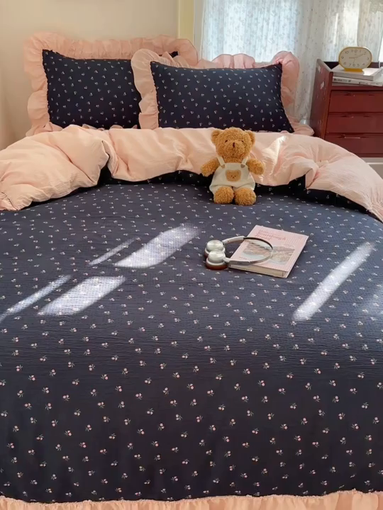 91家纺网 家纺一手货源 找家纺 美乐迪家纺 2026新款法式云感双层纱花边四件套 迷你小花