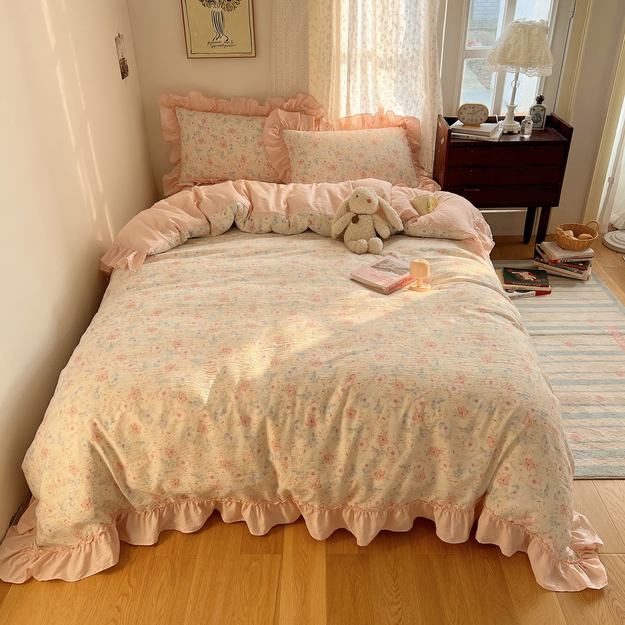 91家纺网 家纺一手货源 找家纺 美乐迪家纺 2026新款法式云感双层纱花边四件套 觅悠悠