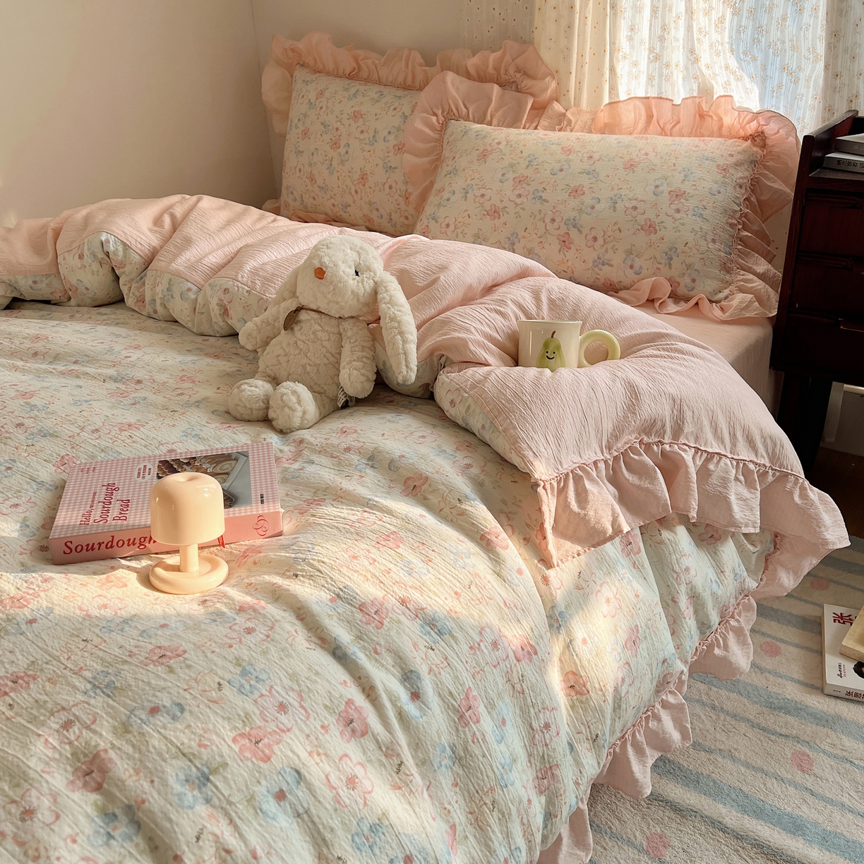 91家纺网 家纺一手货源 找家纺 美乐迪家纺 2026新款法式云感双层纱花边四件套 觅悠悠