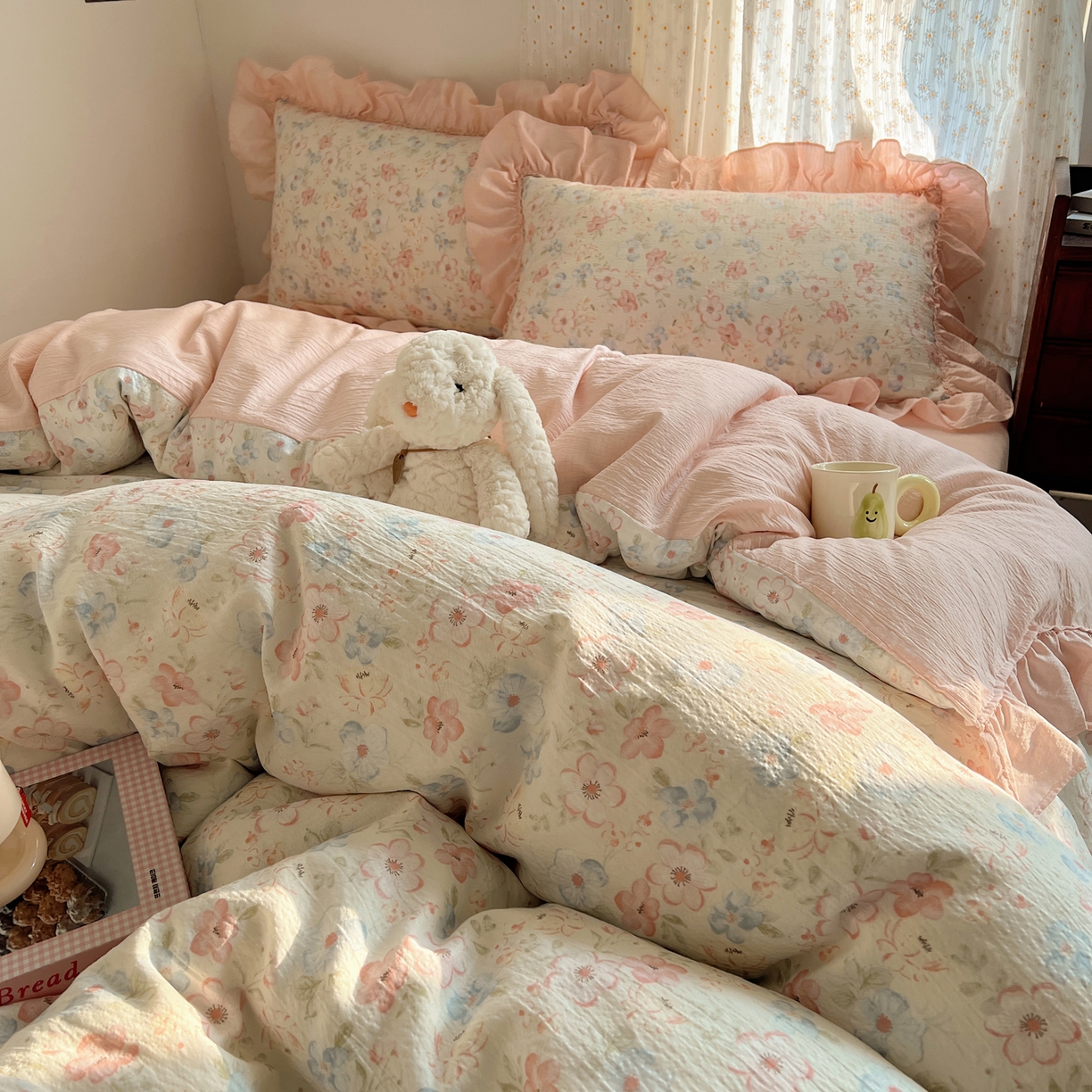 91家纺网 家纺一手货源 找家纺 美乐迪家纺 2026新款法式云感双层纱花边四件套 觅悠悠