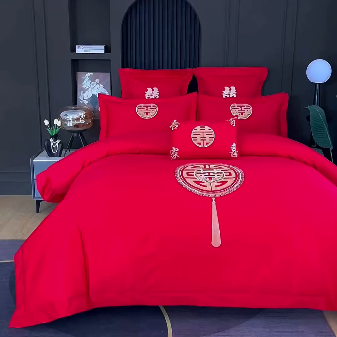 91家纺网 家纺一手货源 找家纺 浩情国际婚庆供货中心 2026新款100%全棉长绒棉纯棉婚庆四件套结婚刺绣六件套多件套长期供货 皇家婚礼-金