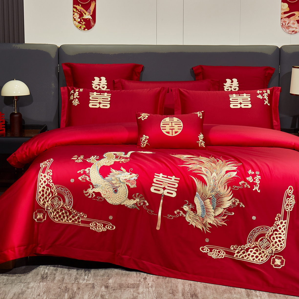 91家纺网 家纺一手货源 找家纺 浩情国际婚庆供货中心 2026新款100%全棉长绒棉纯棉婚庆四件套结婚刺绣六件套多件套长期供货 龙凤囍事