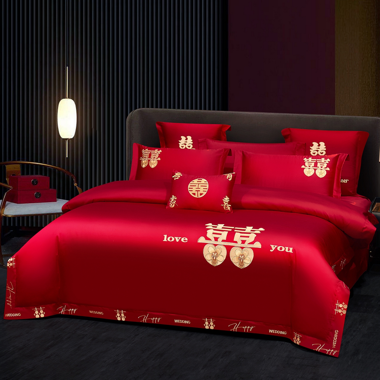 91家纺网 家纺一手货源 找家纺 浩情国际婚庆供货中心 2026新款100%全棉长绒棉纯棉婚庆四件套结婚刺绣六件套多件套长期供货 囍乐