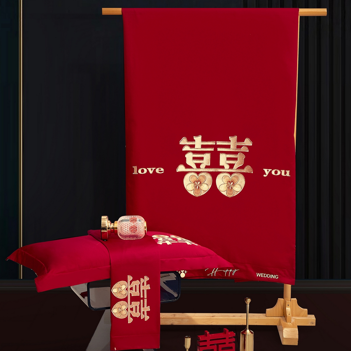 91家纺网 家纺一手货源 找家纺 浩情国际婚庆供货中心 2026新款100%全棉长绒棉纯棉婚庆四件套结婚刺绣六件套多件套长期供货 囍乐