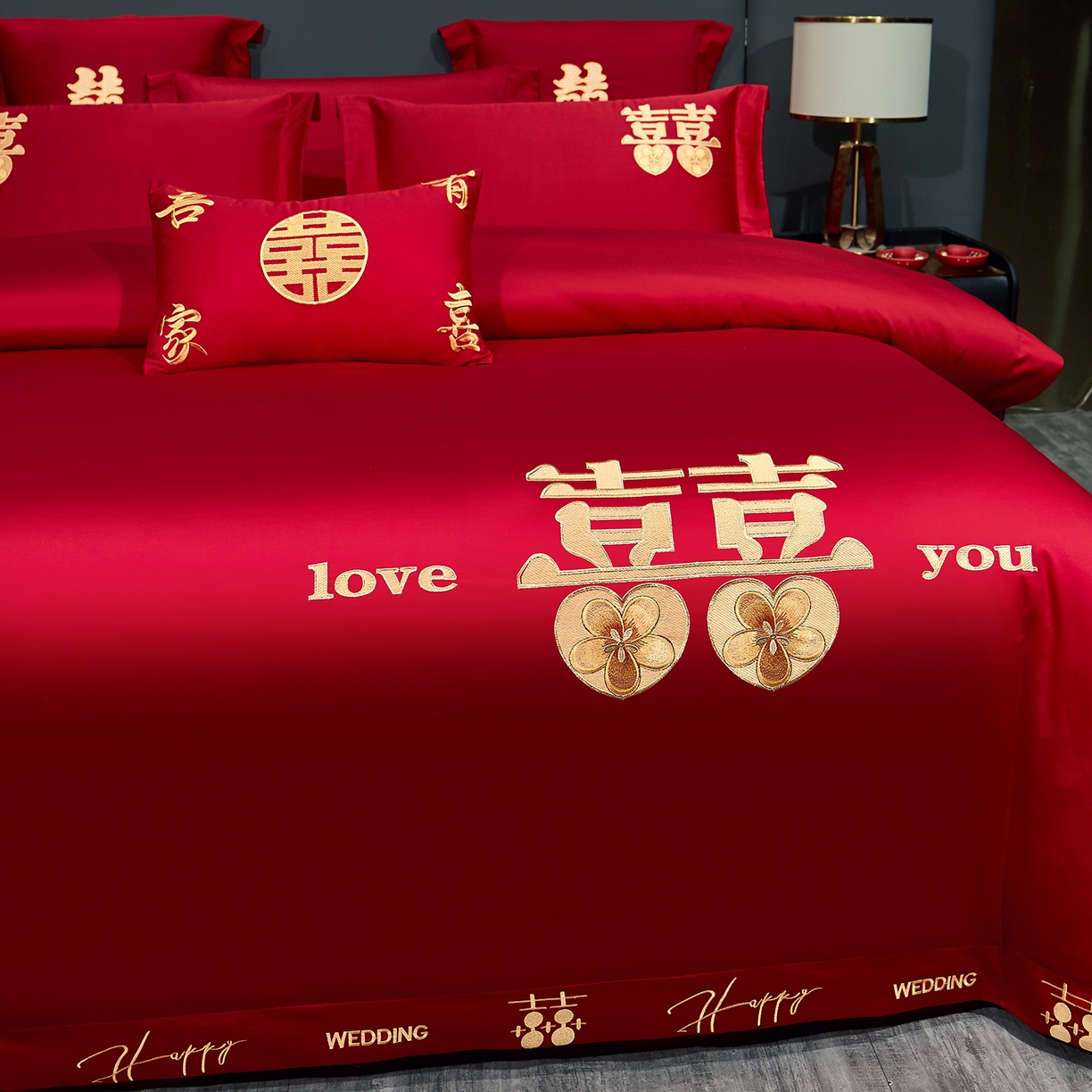 91家纺网 家纺一手货源 找家纺 浩情国际婚庆供货中心 2026新款100%全棉长绒棉纯棉婚庆四件套结婚刺绣六件套多件套长期供货 囍乐