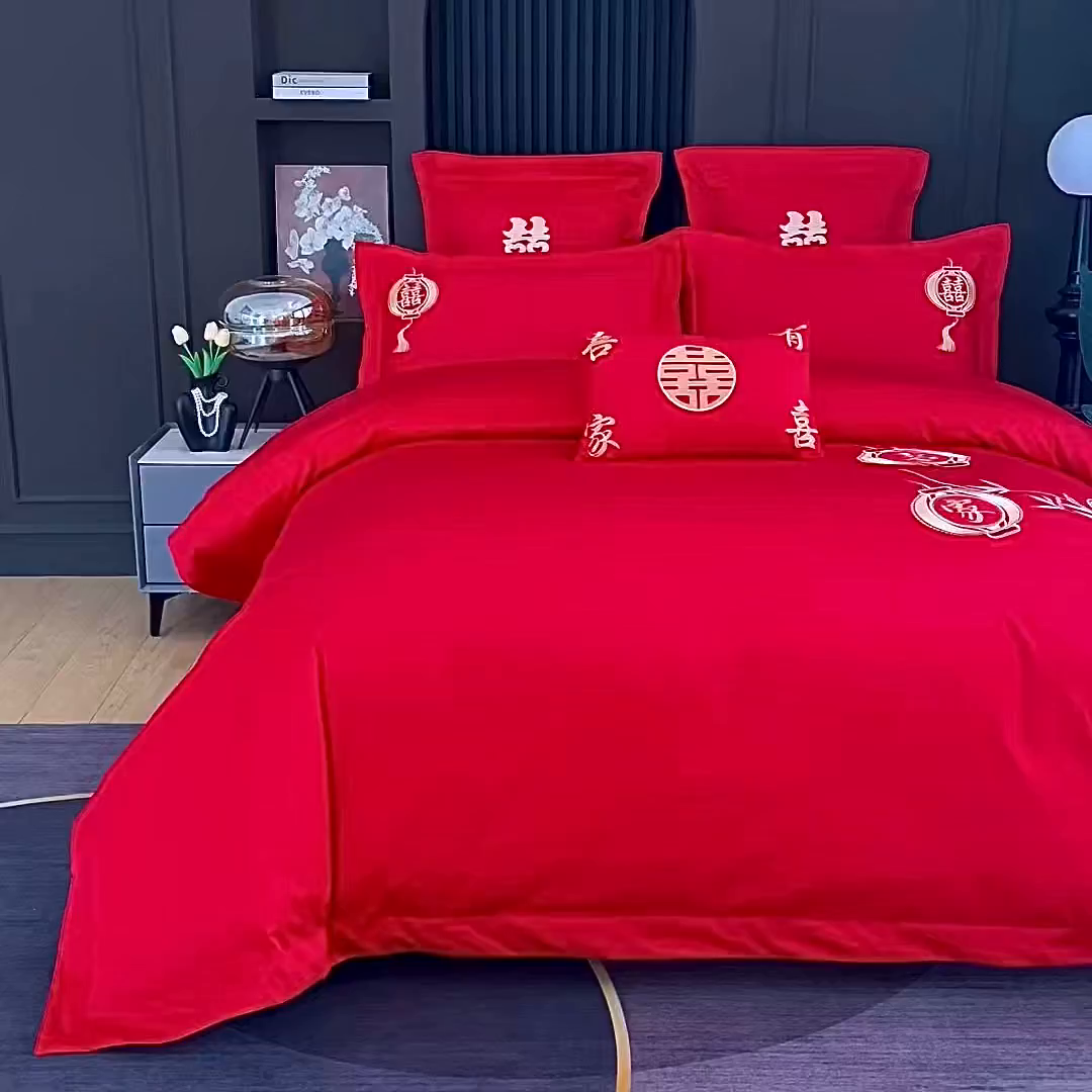 91家纺网 家纺一手货源 找家纺 浩情国际婚庆供货中心 2026新款100%全棉长绒棉纯棉婚庆四件套结婚刺绣六件套多件套长期供货 一生有你