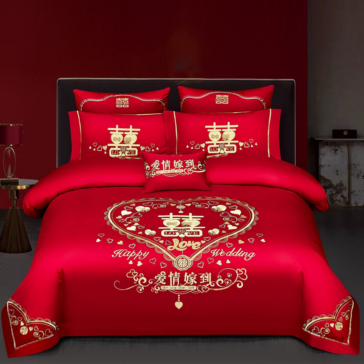 91家纺网 家纺一手货源 找家纺 （总）浩情国际婚庆供货中心 2026新款100%全棉纯棉新中式刺绣大红结婚婚庆四件套多件套