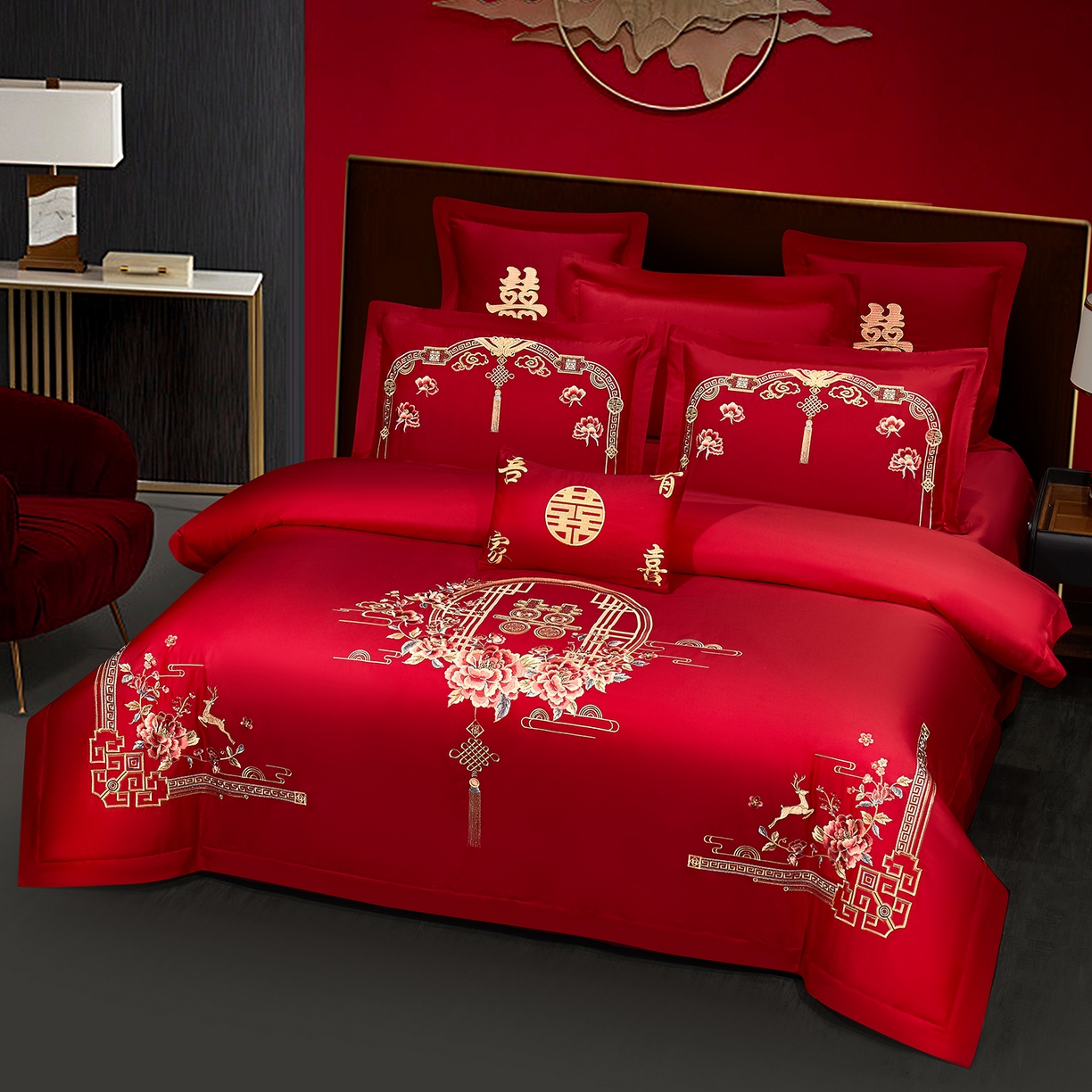 91家纺网 家纺一手货源 找家纺 浩情国际婚庆供货中心 2026新款100%全棉长绒棉纯棉婚庆四件套结婚刺绣六件套多件套长期供货 家有囍事-金