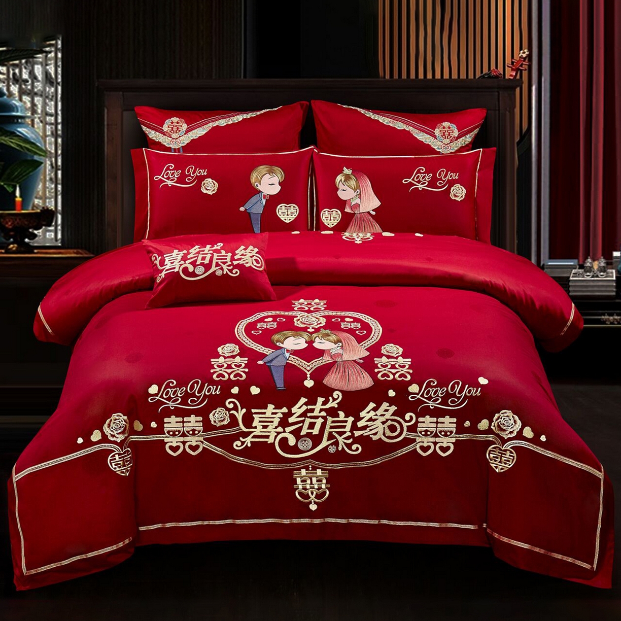 91家纺网 家纺一手货源 找家纺 （总）浩情国际婚庆供货中心 2026新款100%全棉长绒棉纯棉婚庆四件套结婚刺绣六件套多件套长期供货