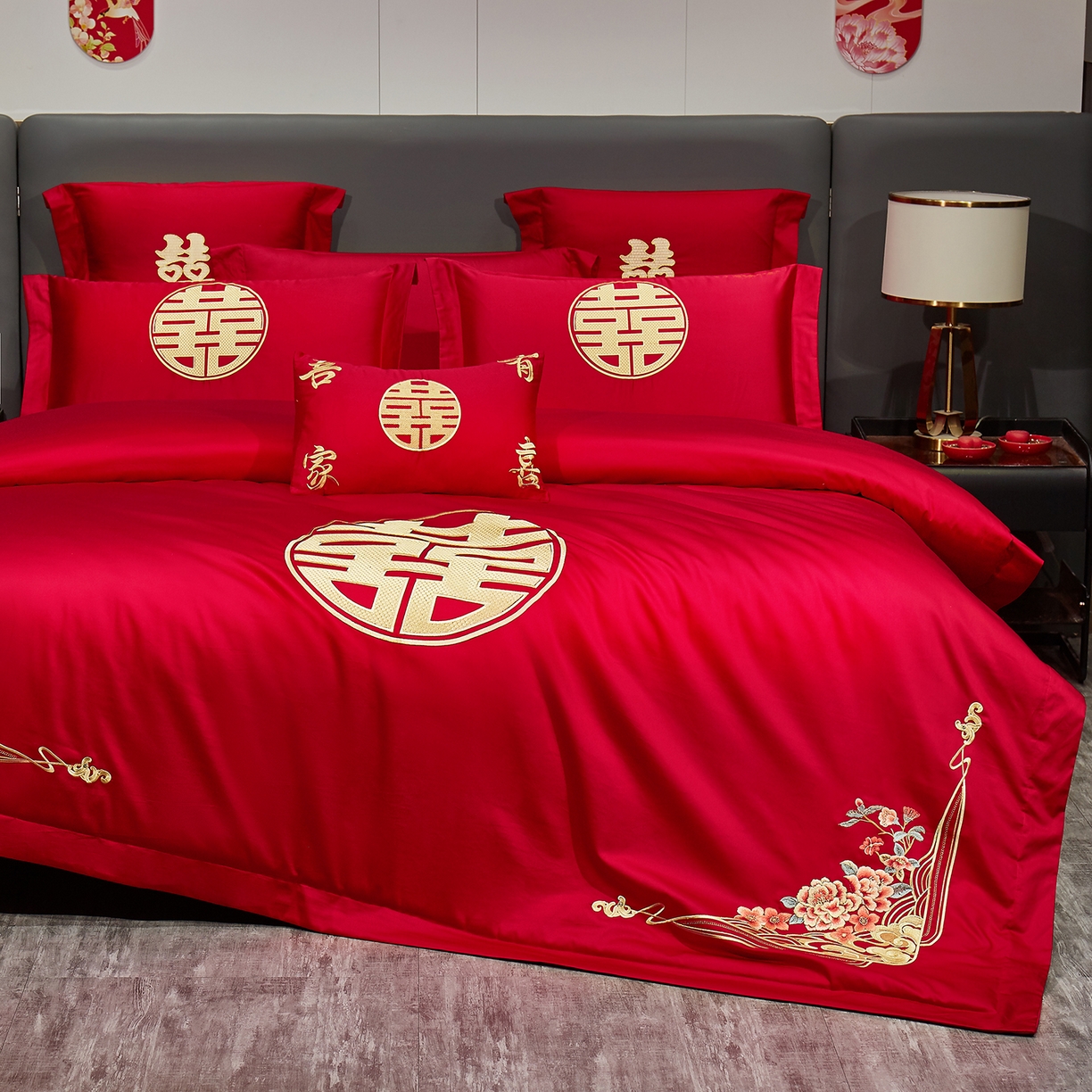 91家纺网 家纺一手货源 找家纺 浩情国际婚庆供货中心 2026新款100%全棉长绒棉纯棉婚庆四件套结婚刺绣六件套多件套长期供货 浪漫囍事-金