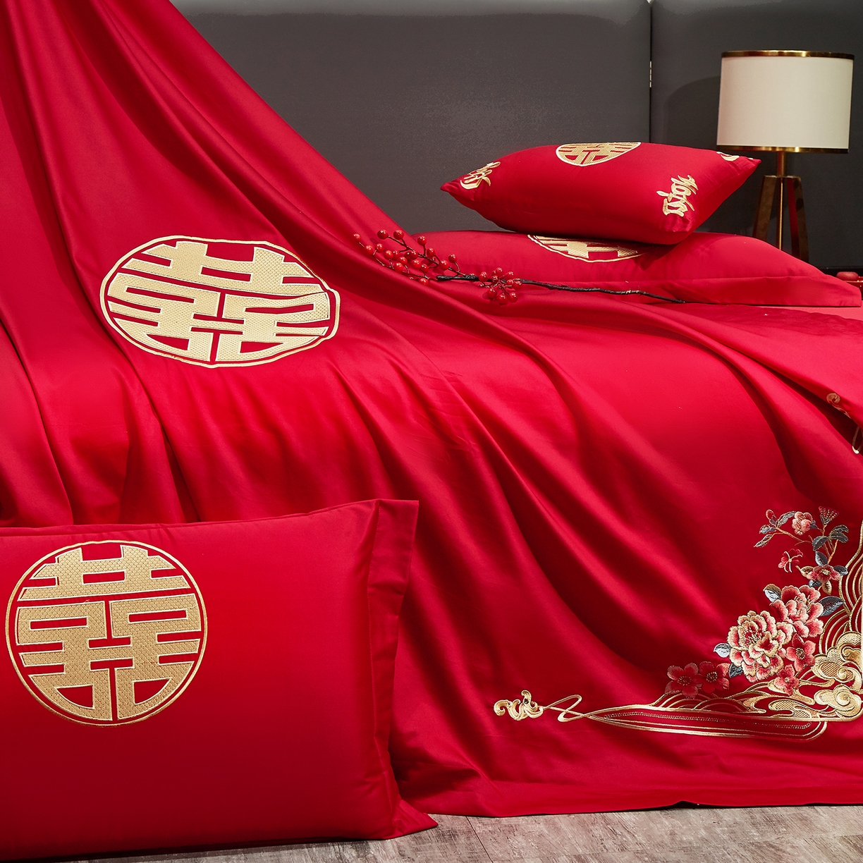 91家纺网 家纺一手货源 找家纺 浩情国际婚庆供货中心 2026新款100%全棉长绒棉纯棉婚庆四件套结婚刺绣六件套多件套长期供货 浪漫囍事-金