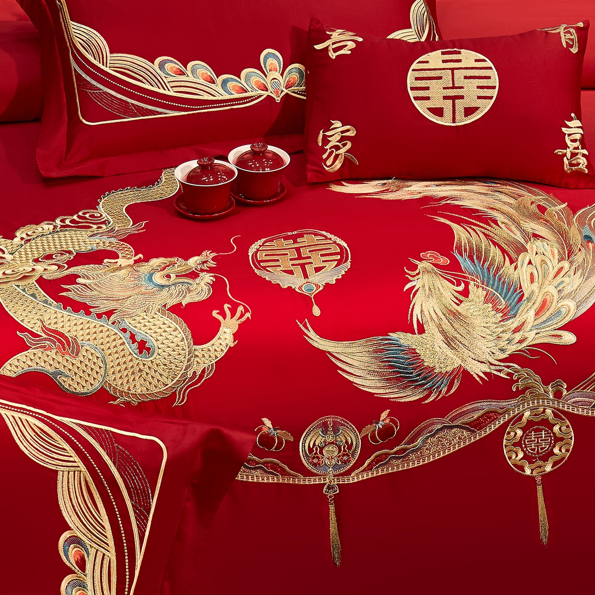 91家纺网 家纺一手货源 找家纺 浩情国际婚庆供货中心 2026新款100%全棉长绒棉纯棉婚庆四件套结婚刺绣六件套多件套长期供货 金龙彩凤