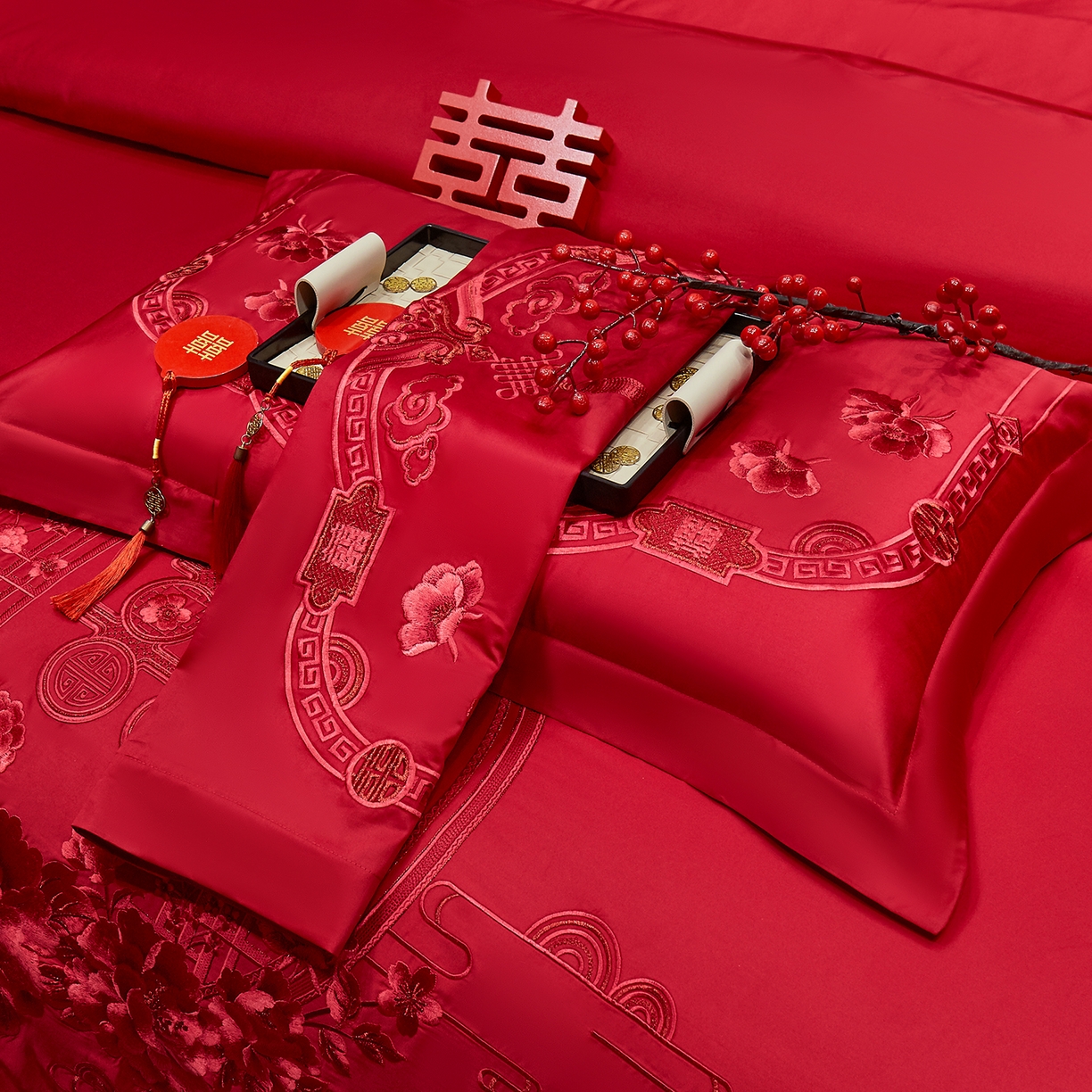 91家纺网 家纺一手货源 找家纺 浩情国际婚庆供货中心 2026新款100%全棉长绒棉纯棉婚庆四件套结婚刺绣六件套多件套长期供货 十里红妆