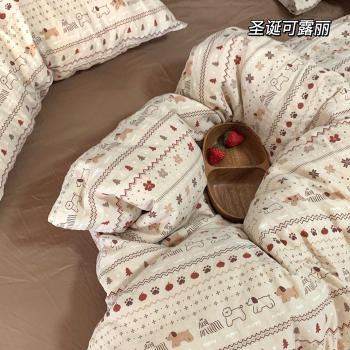 源启生活 2025新款A类全棉双层纱四件套 圣诞可露丽