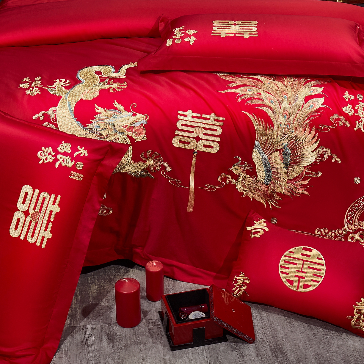 91家纺网 家纺一手货源 找家纺 浩情国际婚庆供货中心 2026新款100%全棉长绒棉纯棉婚庆四件套结婚刺绣六件套多件套长期供货 龙凤囍事